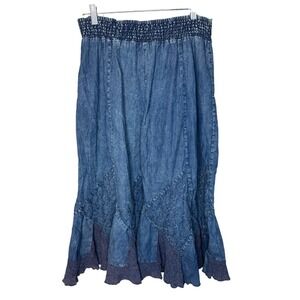 The Vintage Twin Denim Maxi Skirt Boho Embroidered Lace Trim Plus Size 1X
